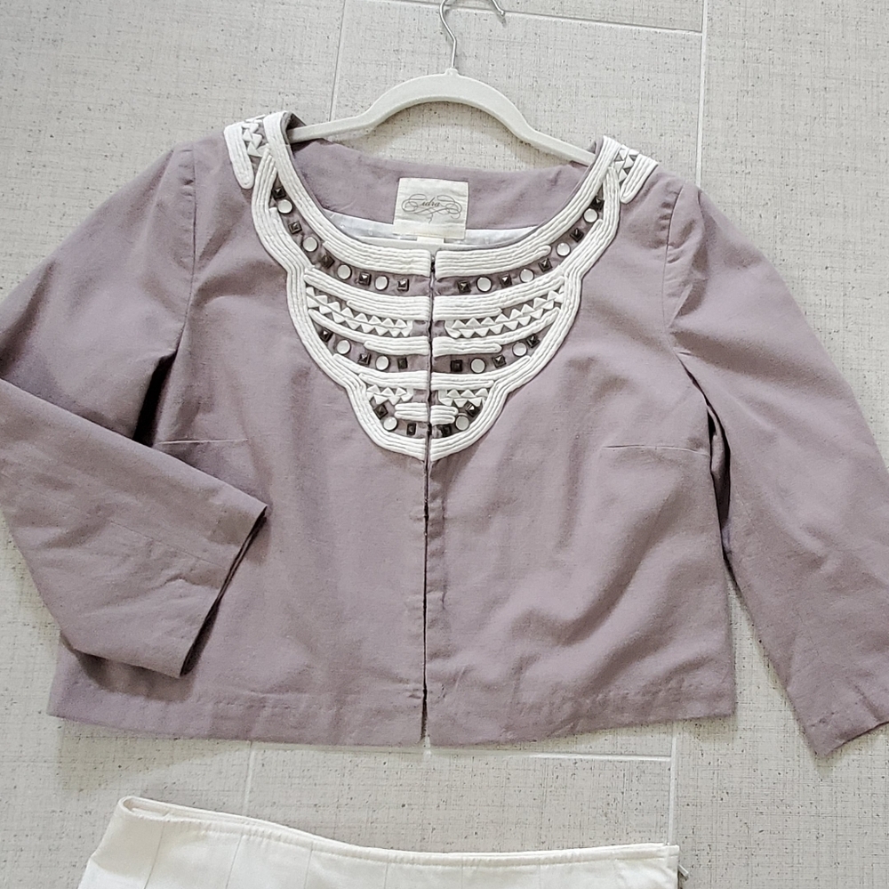 Anthropologie Lavender Cropped Jacket with Cream Embellished Yoke